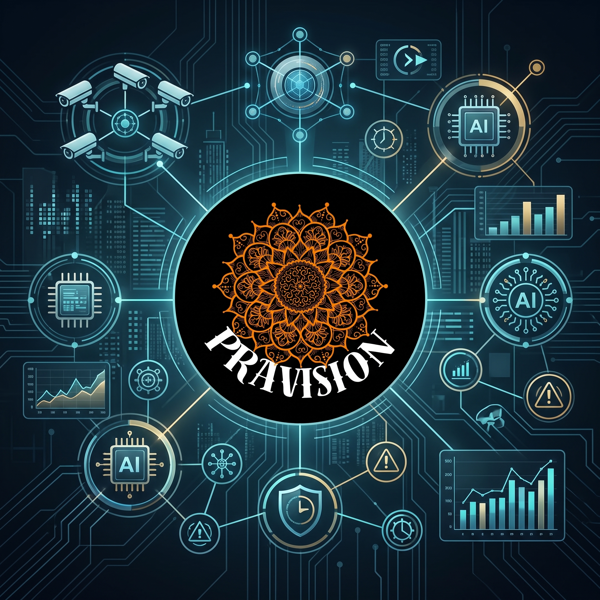 Pravisión logo with orange mandala design surrounded by AI, security, and analytics icons on digital circuit background.
