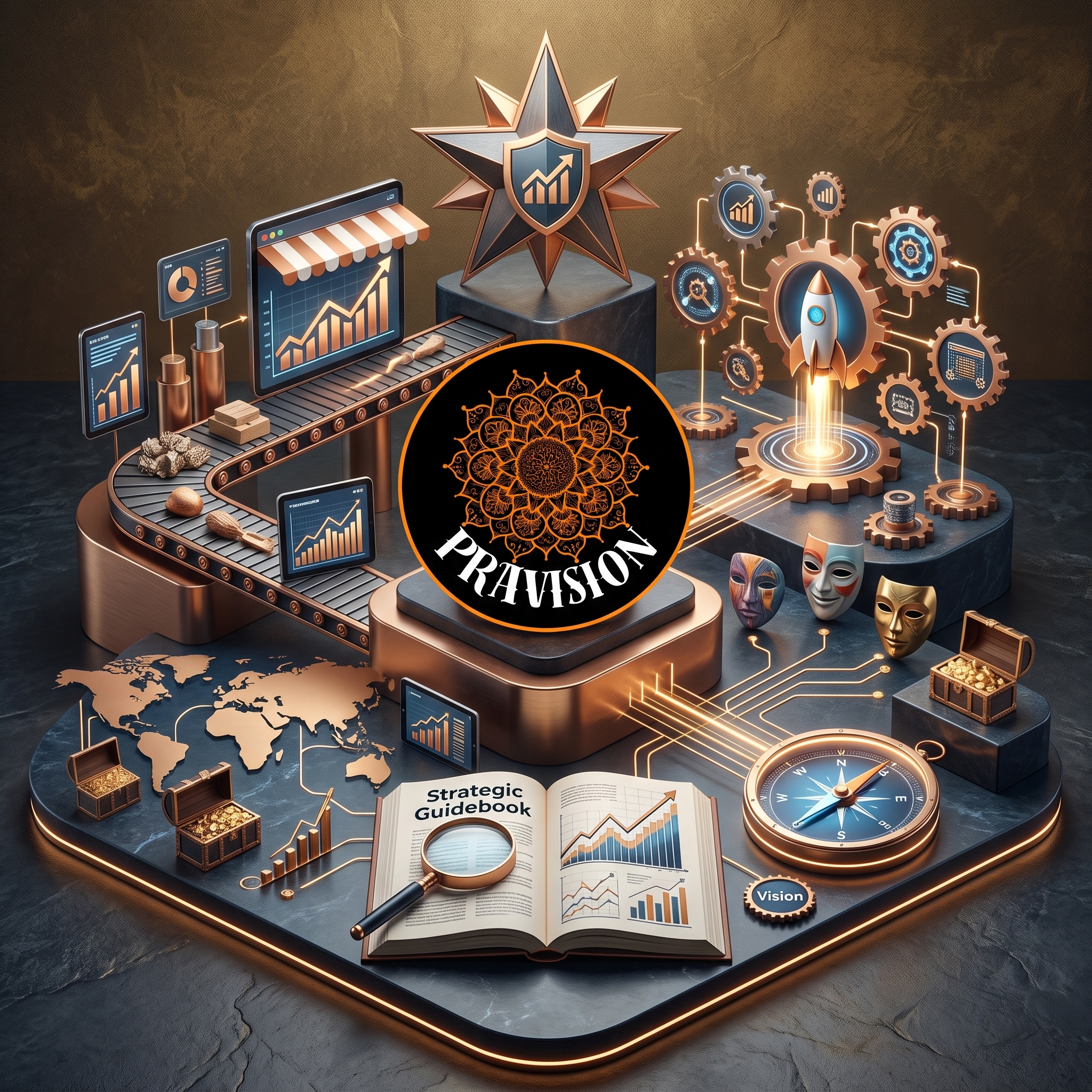 Primvision logo centered in digital marketplace scene with business analytics, gears, rocket, star trophy, strategic guidebook, compass, and gold decorative elements on dark background.
