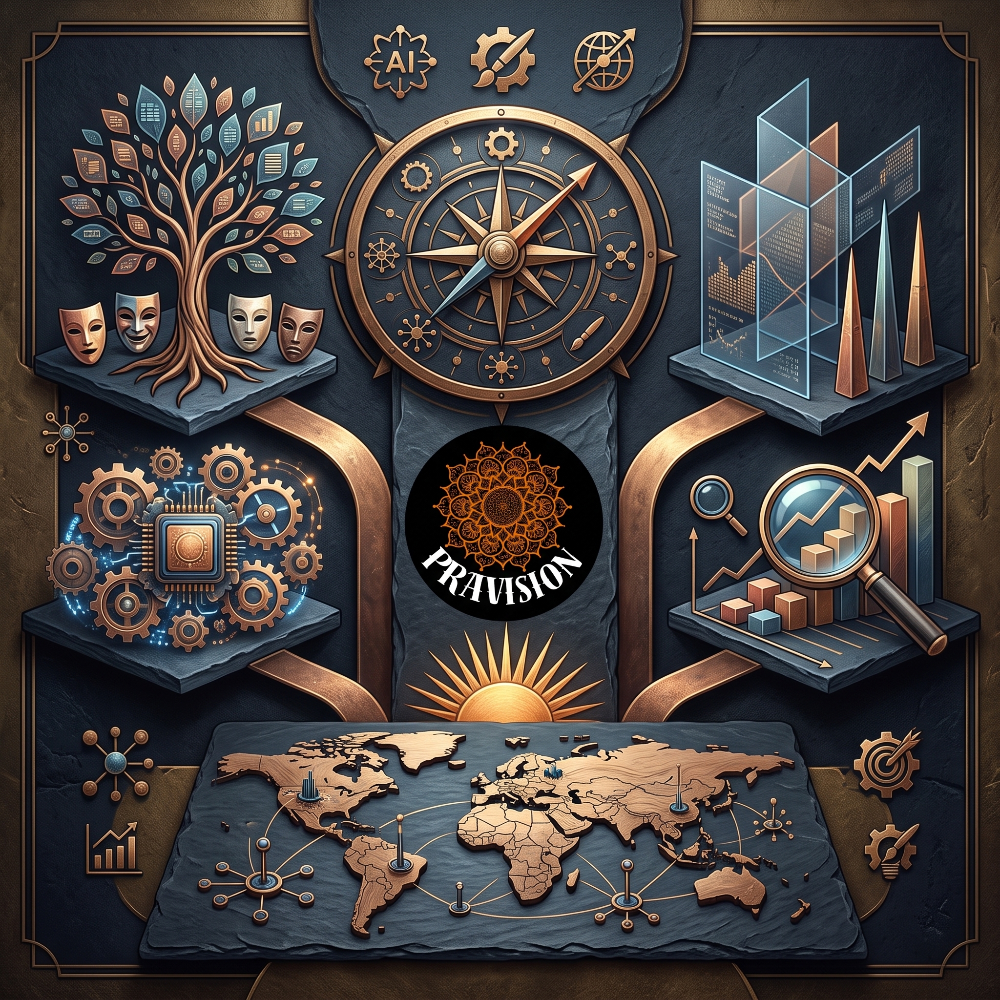 Steampunk-style illustration with brass compass, theatrical masks, data visualizations, gears, world map, and TRAVision logo on dark blue background.
