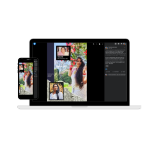 Photo editing software displayed on laptop and smartphone screens showing hair styling images with dark interface panels