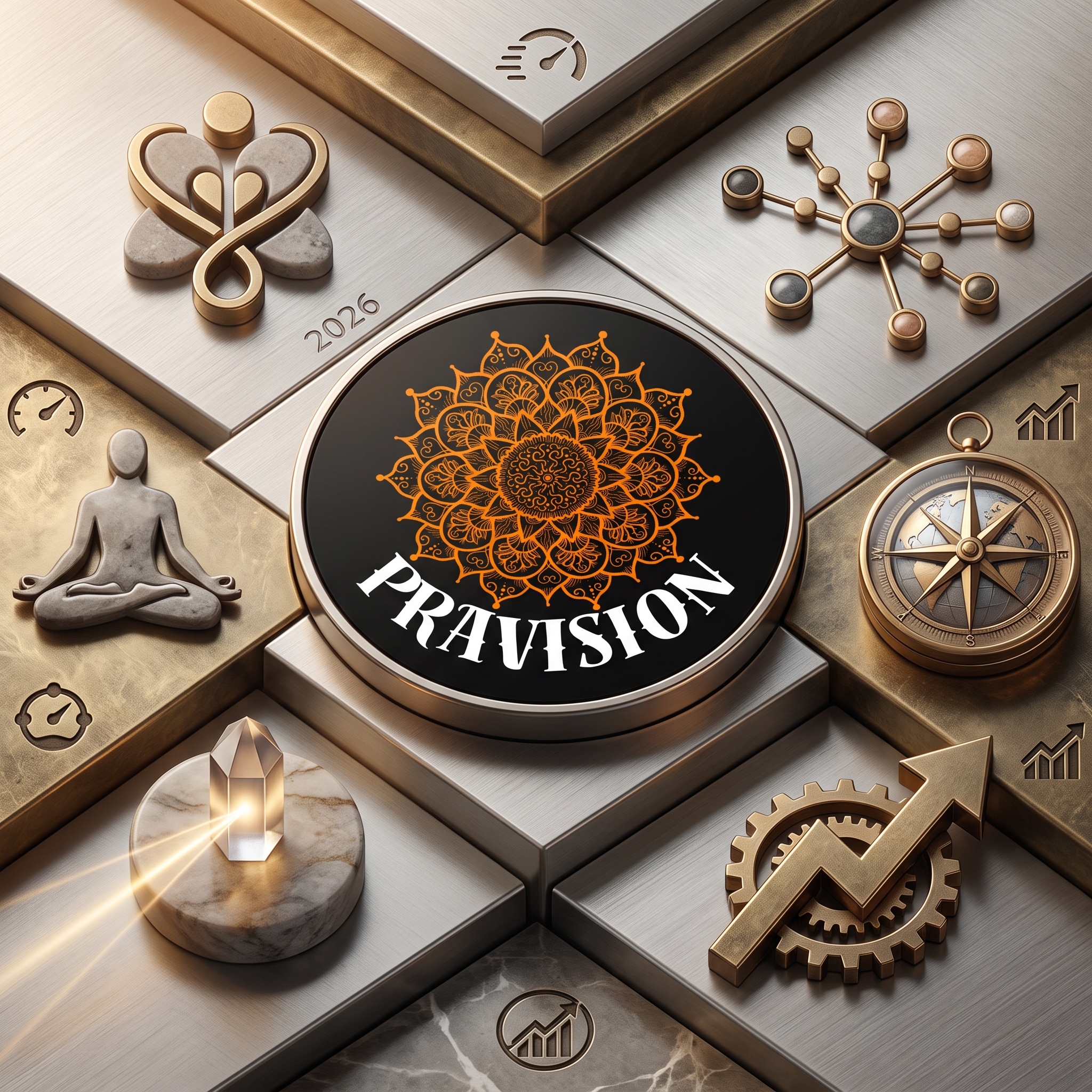 Pravision logo with orange mandala on black circle surrounded by wellness and business icons including meditation, compass, crystal, and growth symbols on geometric background.