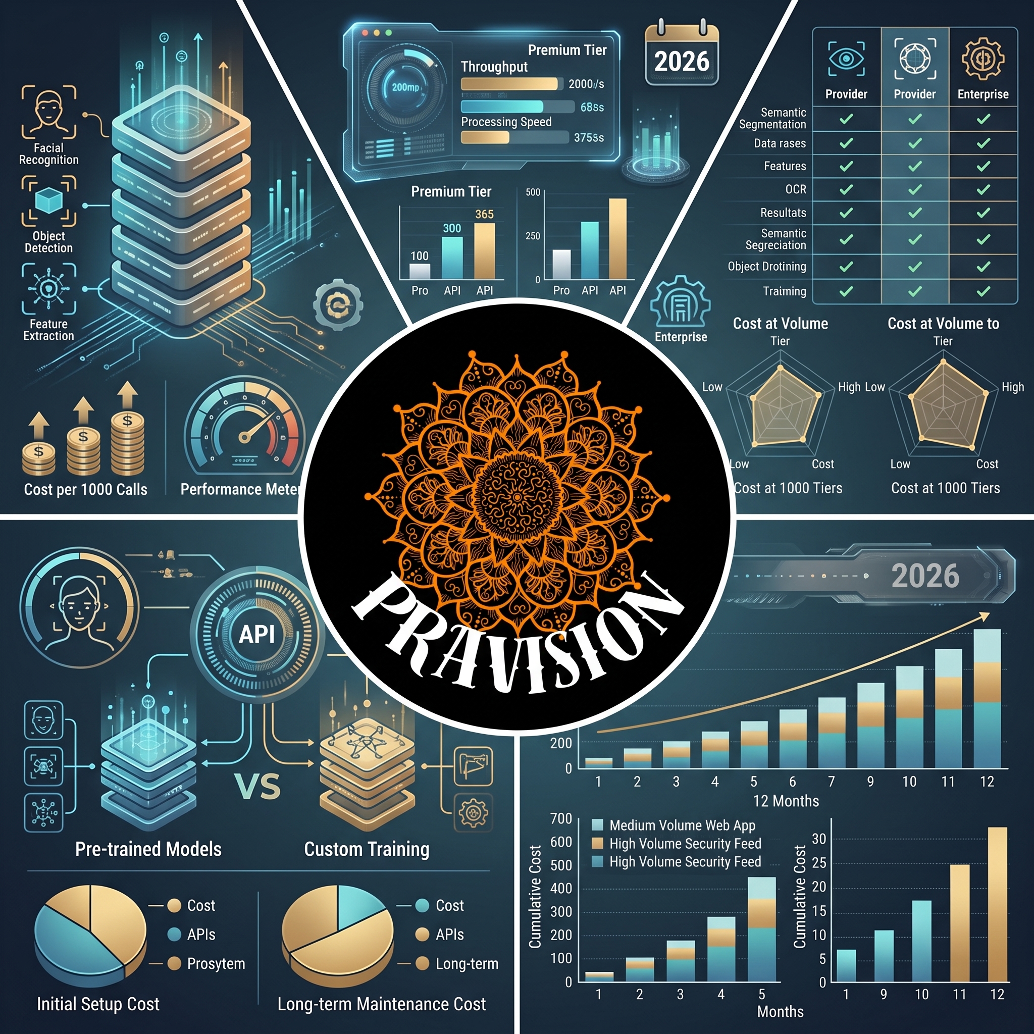 Prravision API platform infographic comparing pricing tiers, features, performance metrics, and cost analysis for 2026 with facial recognition, object detection, and custom training capabilities.