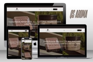 Q's Aroma handmade skincare website displayed across desktop, tablet, and mobile devices showing natural soap bars and creams.